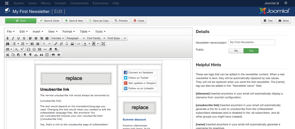 Edit the newsletter directly in Joomla!