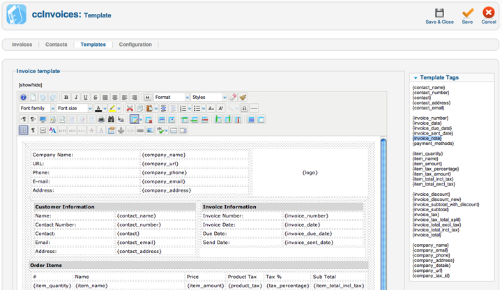 ccInvoices template edit