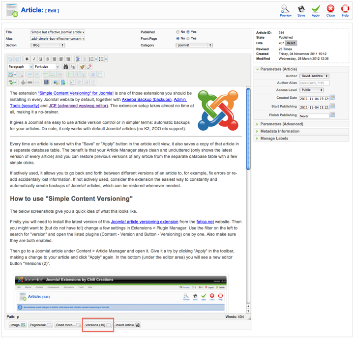 Article Edit Joomla! Versioning