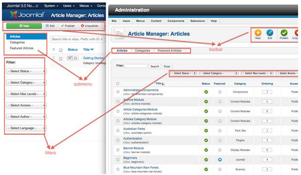 Joomla! 3 user interface changes